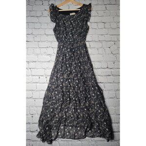 Le Ragazze Silk Black Small Floral Print Tiered Hem Ruffle Sleeve Maxi Dress Med